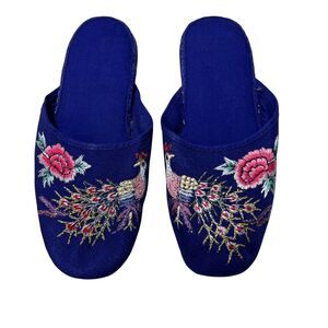Asian Inspirred NEW Blue House Slippers Embellished Peacock Floral Womens 6
